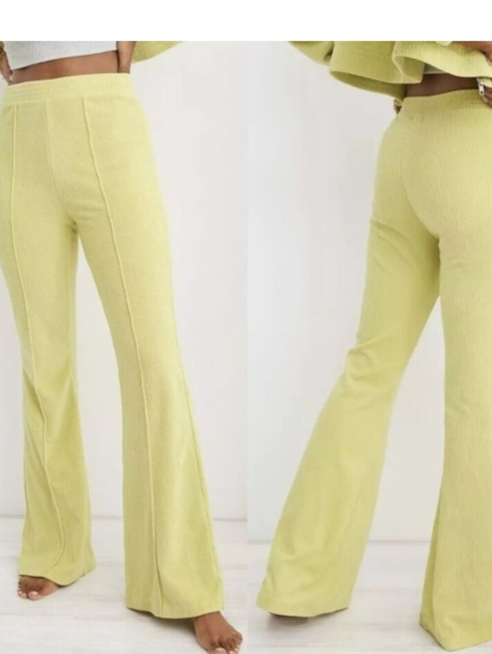 Aerie Ribbed Flare Velour Pants Neon Yellow Size Medium Tall